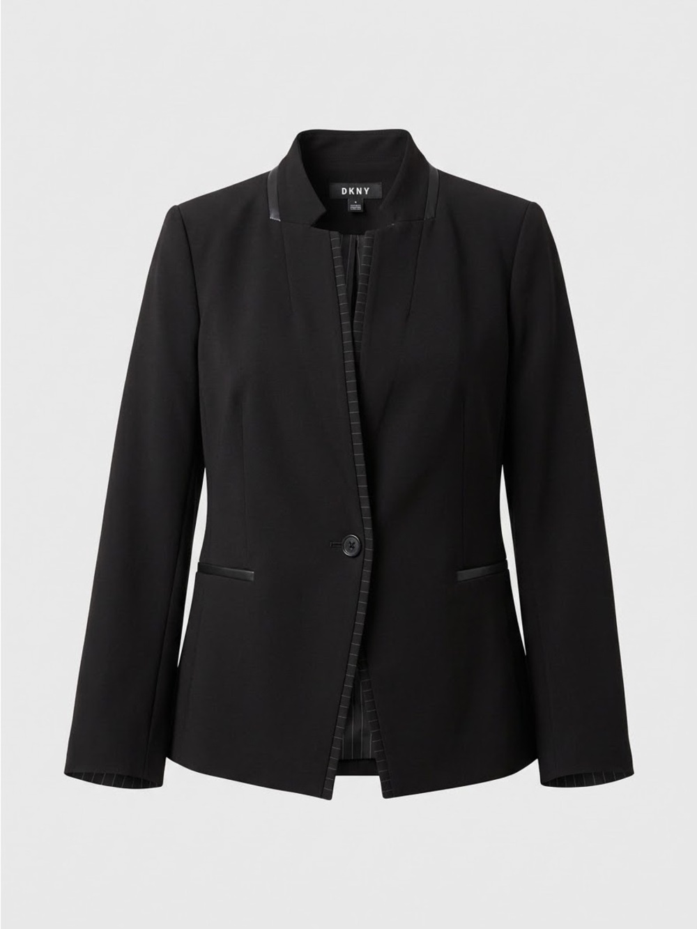 DKNY Black Single-Button Contrast Trim and Pockets Stand Collar Size XL